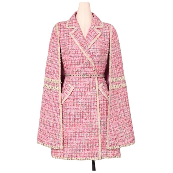 The Kaya Metallic Pink Tweed Belted Jacket Dress - Picture 4 of 12